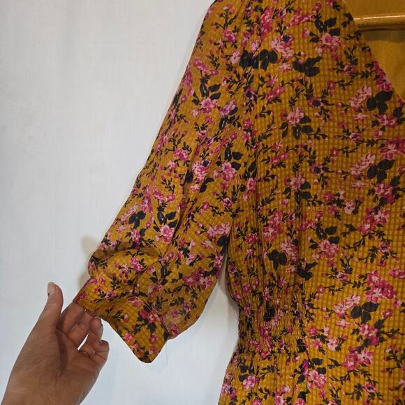 Vero Moda Medium Mustard Orange Floral Puff Sleeve Knee Dress Smocked Boho - Picture 2 of 12